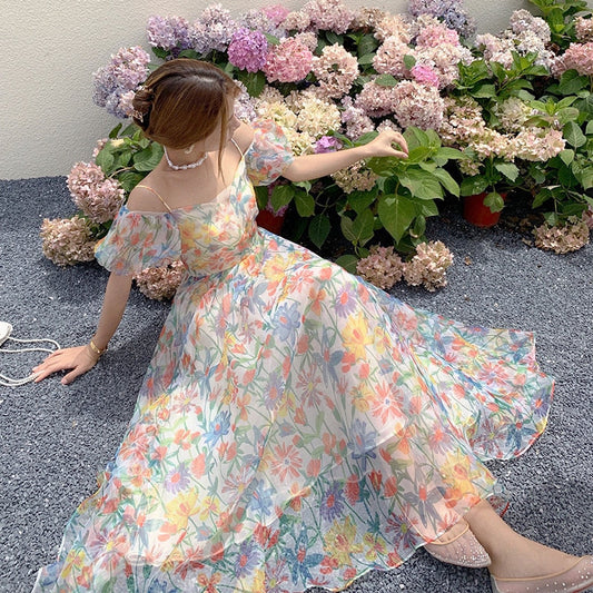 2023 Summer French Vintage Floral  Beach Dress Puff Sleeve Sexy Backless Slip Dresses Elegant Temperament Korea Long Dress